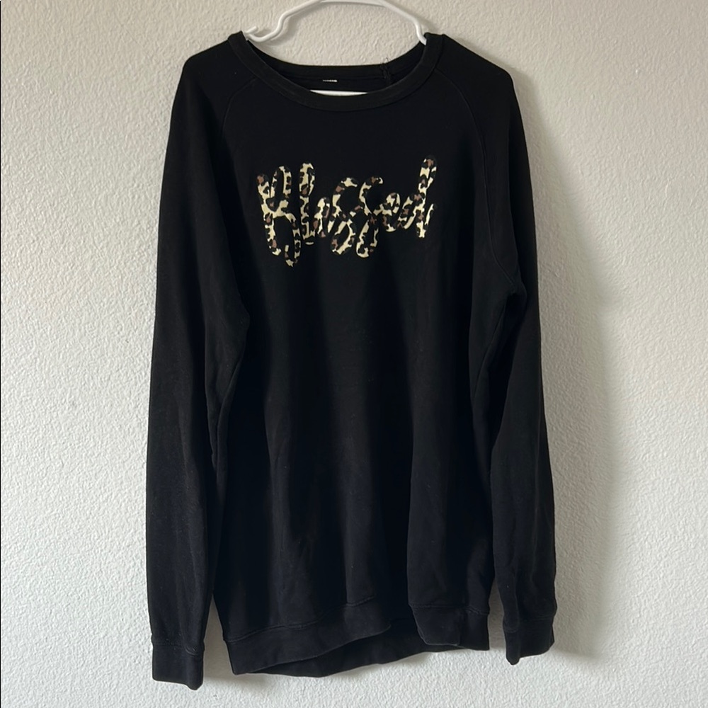 Black Crew Neck Sweater with Artistic Design - “Blessed” - Picture 1 of 3
